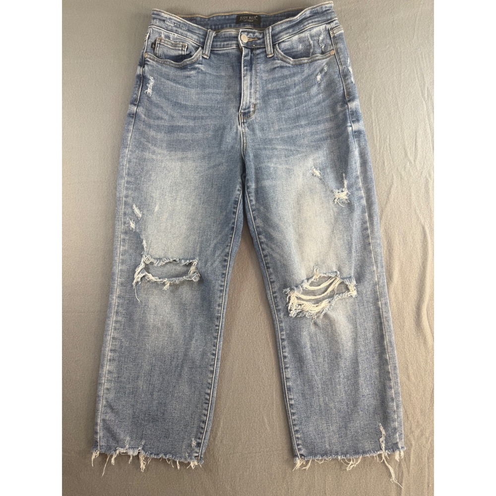Judy Blue High Waisted Distressed Wide Leg Jeans Light Wash Raw Hem 11/30